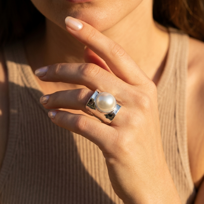 Luxurious Pearl brilliantly handcrafted silver ring s. 7 adjustable - photo 1