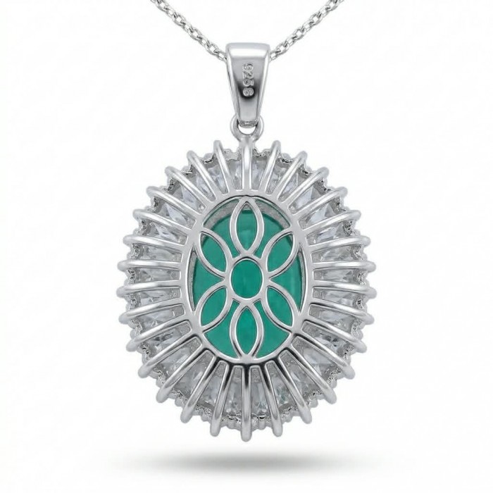 Heirloom authentic 21.2 carat Colombian Emerald .925 Sterling Silver handcrafted Statement necklace - Front view of Colombian Emerald pendant in sterling silver.