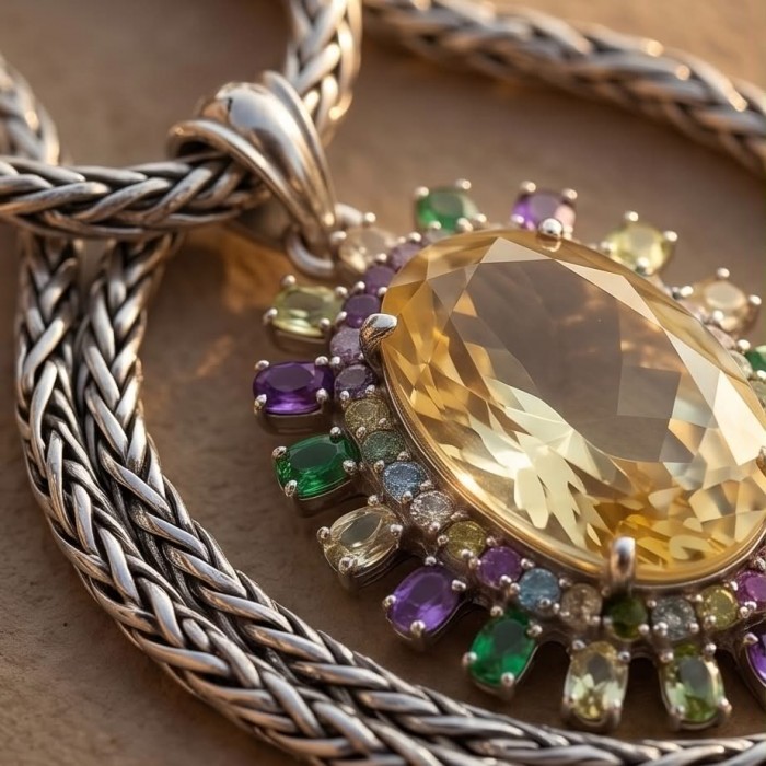 Golden Beauty 48.2 grams authentic Lemon Quartz .925 Sterling Silver handcrafted necklace - Close-up of Lemon Quartz pendant with colorful gemstone accents.