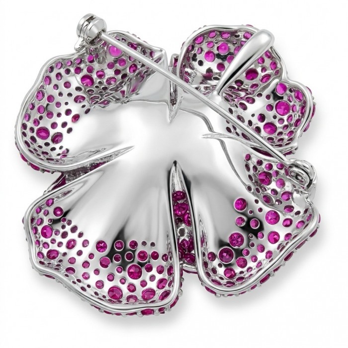 Black Label Collection - Retro Style - Rose Genuine 42.5 carat Ruby 2 tones .925 Sterling Silver dipped in rhodium handmade Pendant - Brooch - Back view of floral brooch with pink gemstones and metal detail.