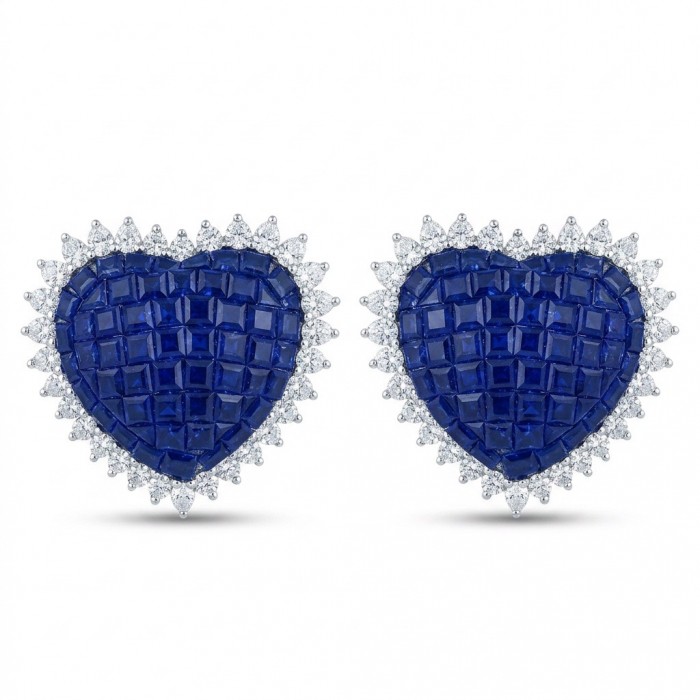Precious Hearts mystery setting 11.8 carat Sapphire .925 Sterling Silver large earrings - Heart-shaped sapphire earrings with diamond border, front view.