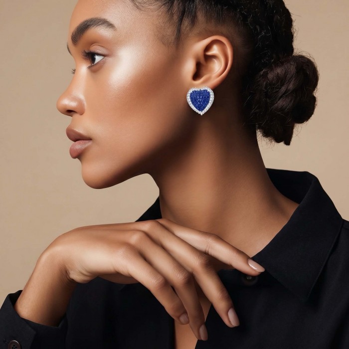 Precious Hearts mystery setting 11.8 carat Sapphire .925 Sterling Silver large earrings - Side view of model wearing Precious Hearts sapphire earrings.
