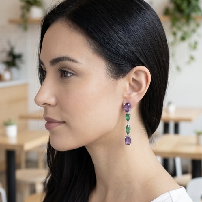 A Heritage in Bloom - Italy made 8.5 carat Amethyst Chrome Diopside .925 Sterling Silver handcrafted earrings - Side view of model wearing Amethyst Chrome D. earrings