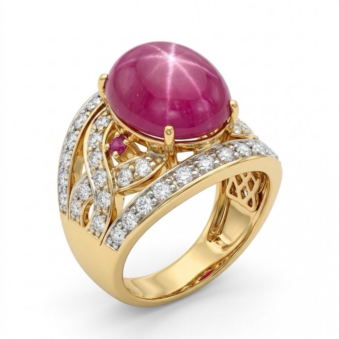 Giovanna Genuine 14.5 CARAT Star Ruby 22K Gold over .925 Sterling Silver Statement Ring size 7 - Side view of Giovanna Star Ruby ring with diamonds and 22K gold setting.