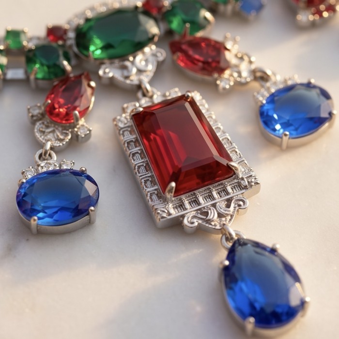 RARE BEAUTY! Valentina 148.2 carat CARVED Ruby Emerald Sapphire .925 Sterling Silver dipped in rhodium Statement Necklace - Close-up of Valentina jewelry with ruby, emerald, and sapphire stones.