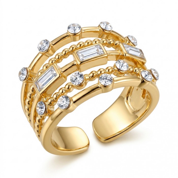Luxurious 3.8 carat White Topaz Gold over .925 Sterling Silver handcrafted Statement Ring size 7 - Gold ring with white topaz stones, front angle view