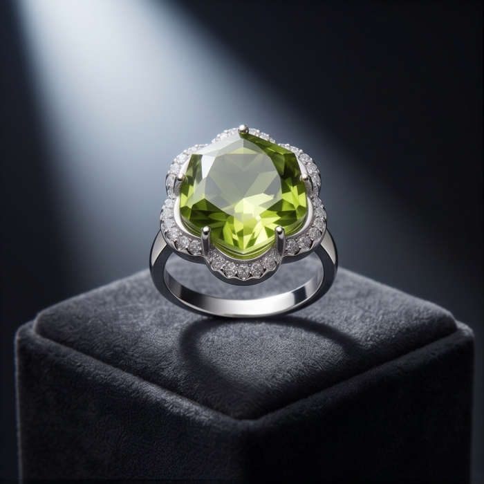 Royalty 9.9 carat authentic Himalayan Peridot .925 Sterling Silver Handcrafted Statement Ring size 7 - Close-up of a 9.9 carat Himalayan Peridot ring on display.