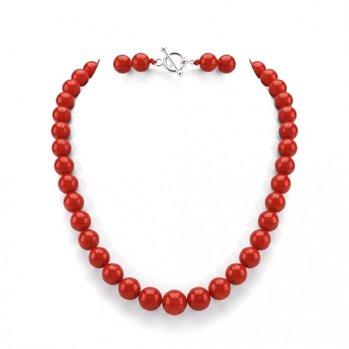 Konstancia Sublime natural Red Fossilized Coral Sterling Silver handmade Necklace - Top view of red fossilized coral necklace with toggle clasp