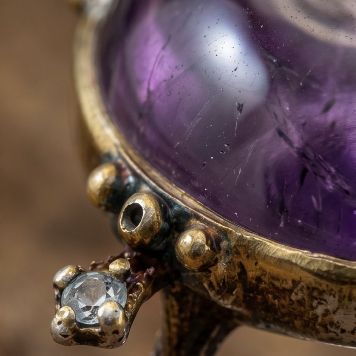 Vintage Beauty - highly protective 27.5 carat Amethyst .925 Sterling Silver dipped in 18K Gold Handcrafted Large Ring size 9 - Close-up of vintage amethyst ring with intricate metalwork detail.