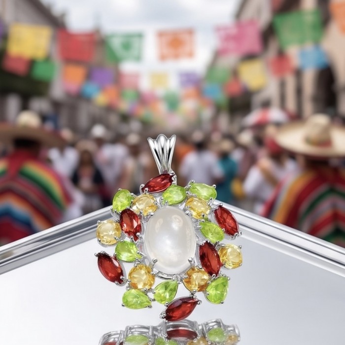 Tuscan Hills 28.7 carat ROSE QUARTZ Rhodium over .925 Sterling Silver handcrafted pendant - Close-up of colorful gemstone pendant against festive background