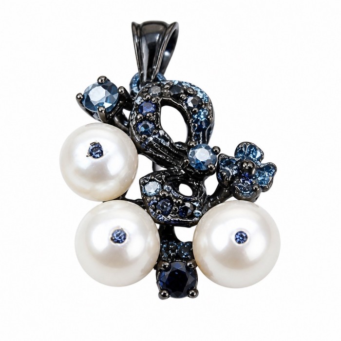 Tiffany - 7.8 carat Pearl Tanzanite Black RHODIUM over .925 Sterling Silver Handcrafted pendant - Pendant featuring pearls and tanzanite stones, close-up view.