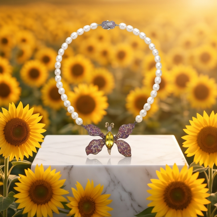 Incredible Butterfly 15.8 Lemon Quarzt Freshwater Pearl 18K Gold over .925 Sterling Silver handmade Large Statement Necklace - Butterfly necklace with pearls on display amidst sunflowers, front view.