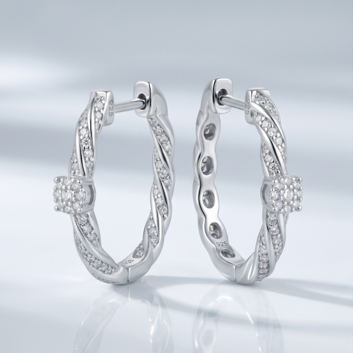 Elizabeth Natural 1.2 carat White Topaz .925 Sterling Silver handcrafted earrings - Hoop earrings with white topaz, .925 sterling silver, side angle view.
