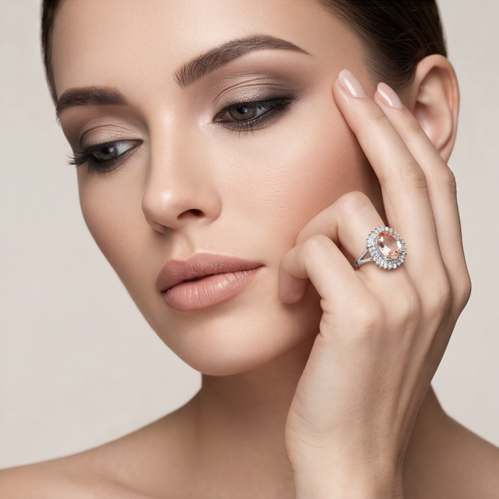 Authentic oval cut 9.2 carat Morganite 14K White Gold over .925 Sterling Silver ring s. 7 1/2 - Woman wearing oval cut 9.2 carat Morganite ring on hand, close-up view