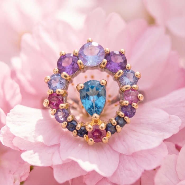 Love is Forever 3.8 carat Sapphire black rhodium over .925 Sterling Silver handcrafted Cocktail Ring s. 6 - Close-up of Love is Forever sapphire jewelry on pink petals
