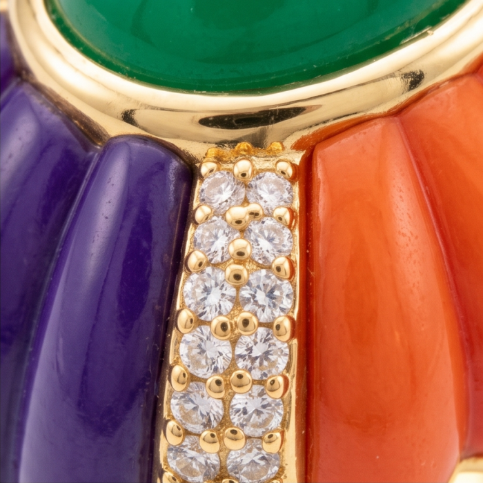 Art Deco Natural 10.8 carat Jade 22K Gold over Enamel .925 Sterling Silver handcrafted Statement ring size 7 - Close-up of Art Deco jade and gemstone detail with purple and orange enamel