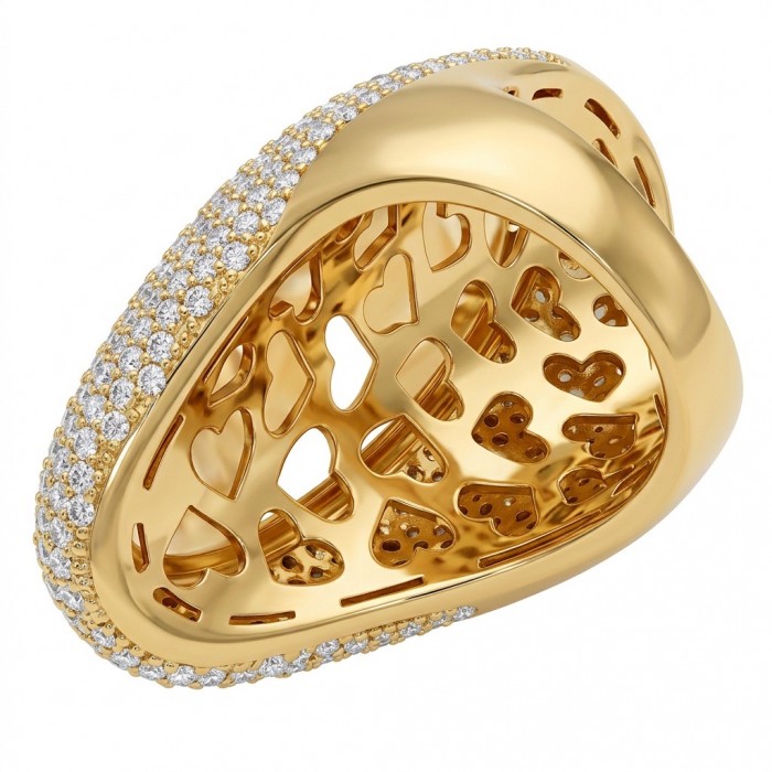 Large Genuine Rainbow Abalone lab. grown Diamond 18K Gold over .925 Sterling Silver handcrafted Large ring; s. 7 - Gold ring with heart cutouts and diamonds, side view close-up.