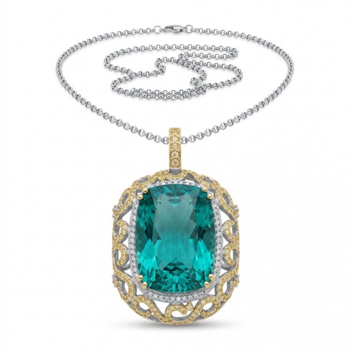PARADISE FOUND Authentic baquette 44.7 carat Paraiba Tourmaline rhodium over .925 Sterling Silver handmade STATEMENT necklace - Aquamarine pendant on chain, front view, ornate gold detailing.