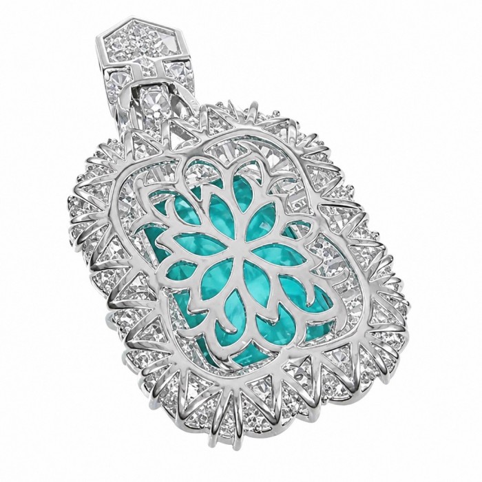 Brazilian's Briliance - emerald cut 31.7 carat Paraiba Tourmaline .925 Sterling Silver handcrafted necklace - Pendant close-up featuring Paraiba Tourmaline with intricate silver design.