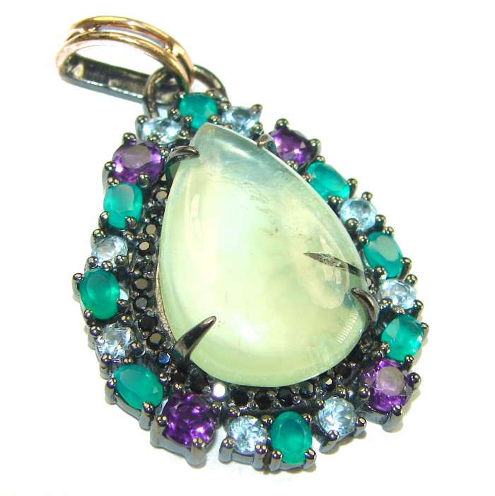 Genuine Prehnite black rhodium over .925 Sterling Silver handcrafted Pendant - photo 2