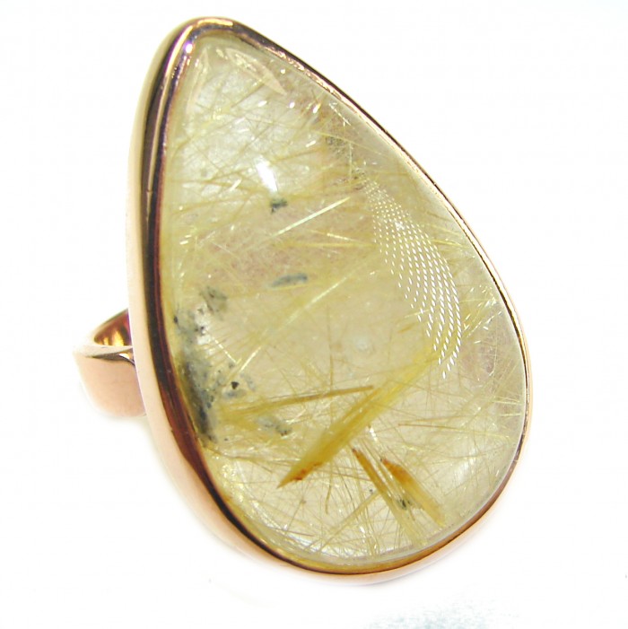 21.2 carat Himalayan Golden Rutilated Quartz 14K Gold over .925 Sterling Silver handcrafted Ring Size 5 - Close-up of teardrop Himalayan Golden Rutilated Quartz ring in 14K gold