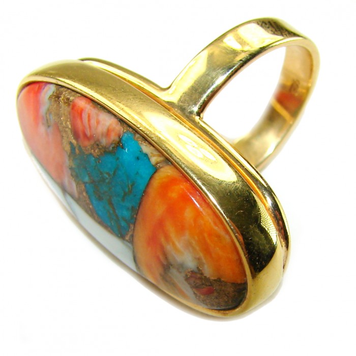 Rare 29.5 carat Oyster Turquoise 18K Gold over .925 Sterling Silver handcrafted Large ring; s. 7 adjustable - Side view of rare 29.5 ct Oyster Turquoise ring in gold over sterling.