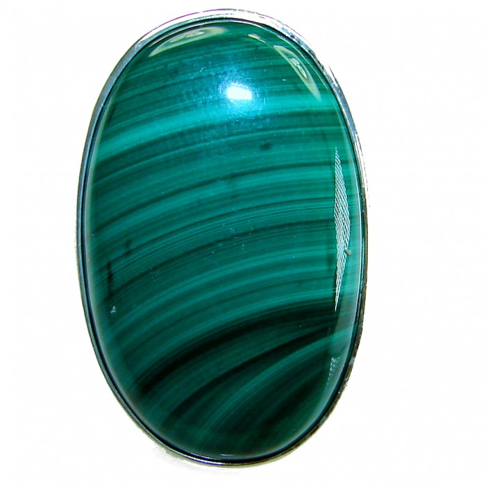 39.2 CARAT genuine Malachite from Utah .925 Sterling Silver handcrafted ring size 8 adjustable - Close-up of 39.2 carat Malachite with .925 Sterling Silver setting.