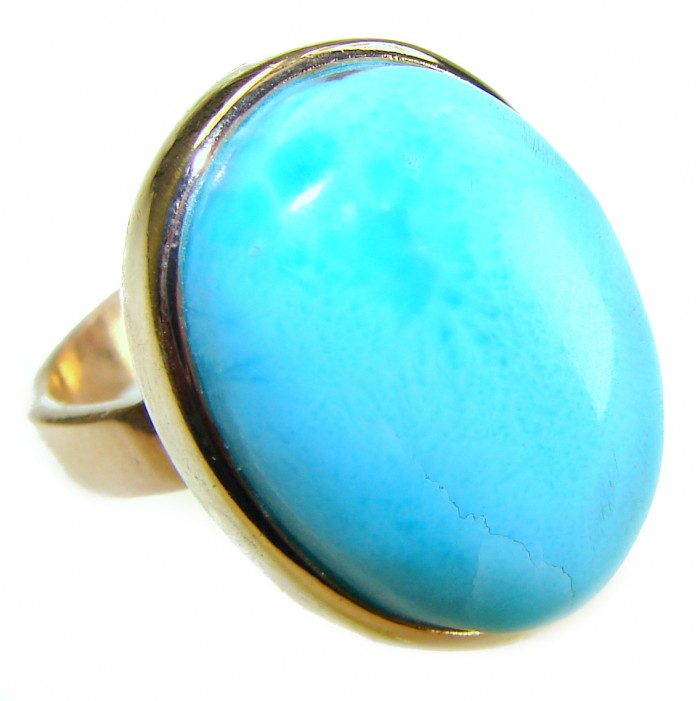 Blue Perfection AAAA QUALITY Blue Larimar 18K Gold over .925 Sterling Silver handmade Large ring size 8 adjustable - Close-up of blue Larimar ring with 18K gold setting