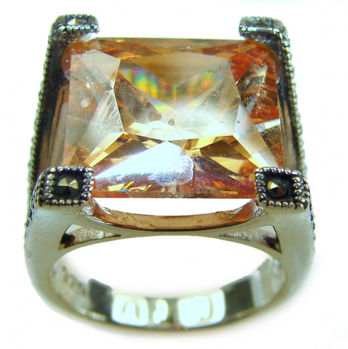 Pure Celestial energy Natural 14.4 carat Golden Topaz Marcasite .925 Sterling Silver handmade Large Statement Ring size 8 - Close-up of a 14.4 carat golden topaz ring.