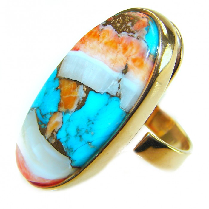 Rare 29.5 carat Oyster Turquoise 18K Gold over .925 Sterling Silver handcrafted Large ring; s. 7 adjustable - Close-up of a Rare 29.5 carat Oyster Turquoise ring in gold and sterling.