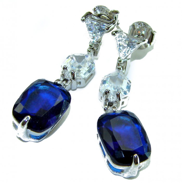Blue Royalty 14.2 carat Sapphire .925 Sterling Silver earrings - Blue sapphire earrings close-up, showing stones and silver prong detail.