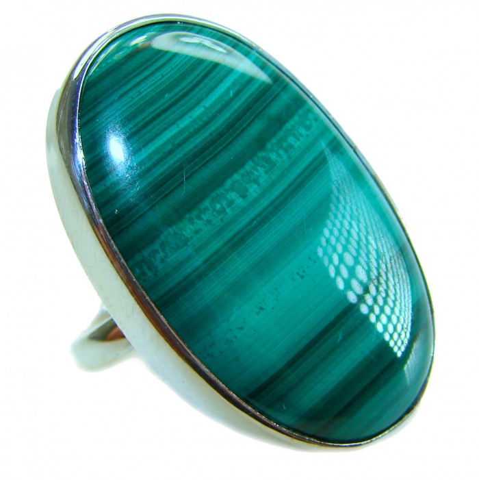 Green River 33.2 CARAT genuine Malachite from Utah .925 Sterling Silver handcrafted ring size 8 adjustable - Close-up of a green Malachite ring in silver setting