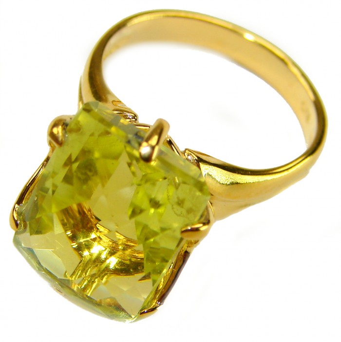Solid 11.8 carat Genuine Lemon Quartz .925 Sterling Silver DIPPED IN REAL GOLD handcrafted ring size 6 - Gold ring with large lemon quartz stone, angled view