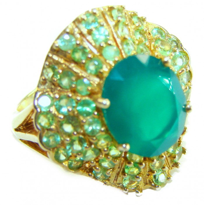Elizabeth 4 Prong oval cut 5.9 carat Colombian Emerald .925 Sterling Silver dipped in 22K GOLD handcrafted Ring size 7 - Close-up of Elizabeth ring with 5.9 carat Colombian emerald stone