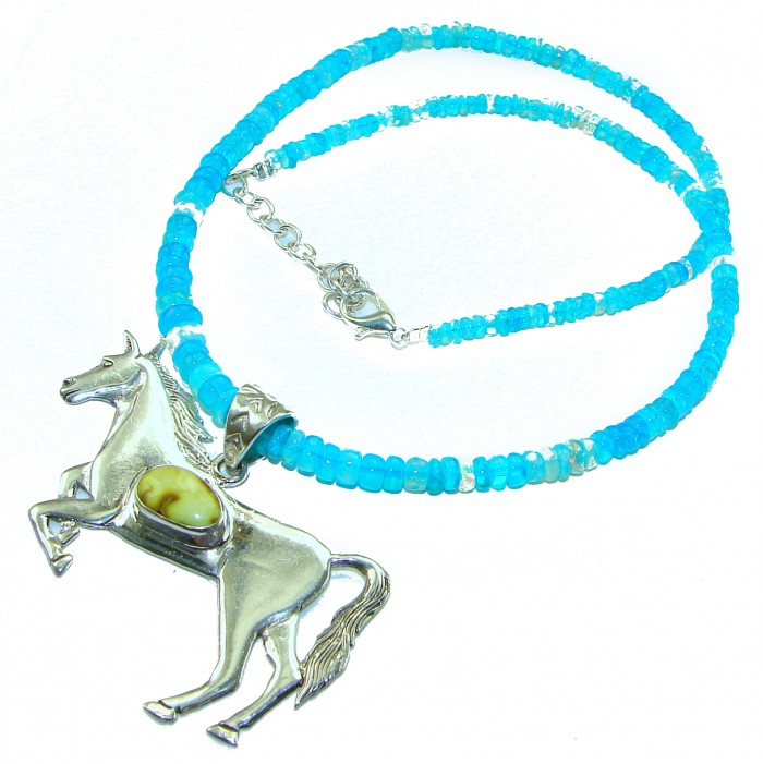 Precious Magic Horse Authentic Corrico lake Turquoise Australian Opal .925 Sterling Silver handmade Statement necklace; 18 - 20 inches long - Pendant with horse design and turquoise beads, front view.