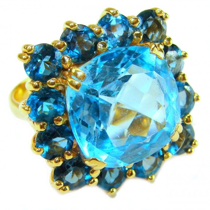 Pacifica - Authentic 20.8 carat Swiss Blue Topaz Sapphire 22K Gold over .925 Sterling Silver handcrafted Large Statement ring size 6 3/4 - Close-up of Pacifica ring with blue topaz and sapphire stones.