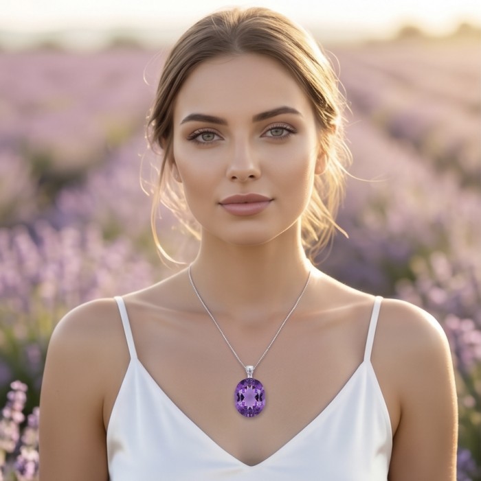 Neon Purple - Mademoiselle - 25.5 carat natural Purple Topaz .925 Sterling Silver dipped in rhodium handcrafted Pendant - Woman wearing Neon Purple Mademoiselle necklace in lavender field