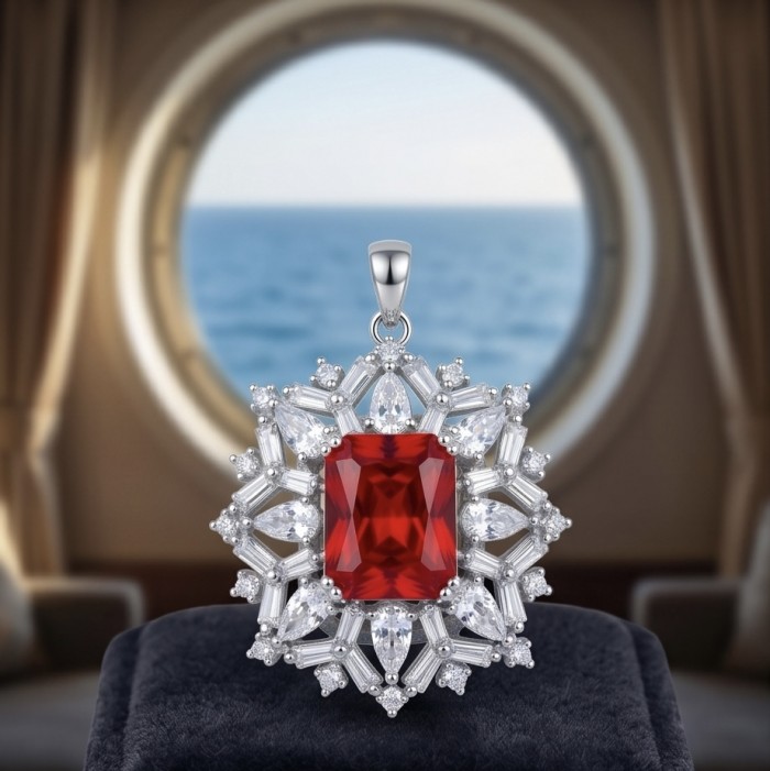 Antonia 4.5 carat Ruby .925 Sterling Silver handcrafted incredible Pendant - Ruby pendant close-up against a ship cabin window background