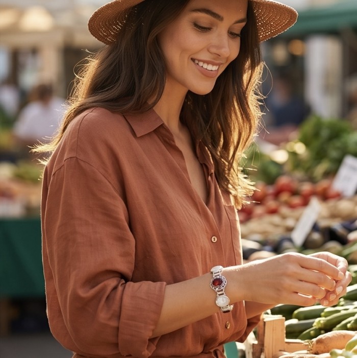 Top quality Genuine 105.8 carat Mountain Crystal .925 Sterling Silver handcrafted bracelet - Bracelet worn on wrist, showcasing stones against a market backdrop.