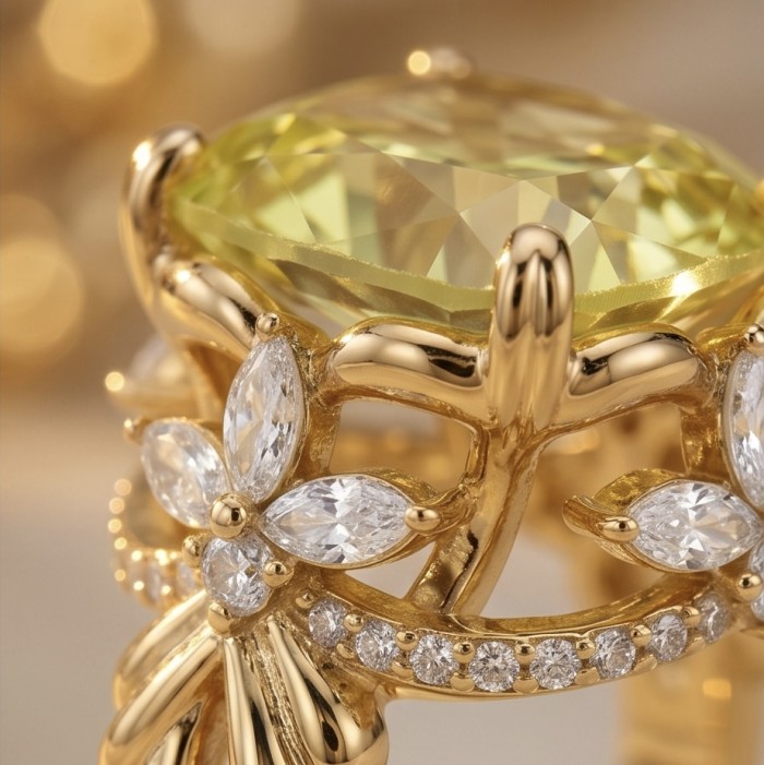 Authentic princess cut 18.8 carat yellow Sapphire 22K Gold over .925 Sterling Silver handmade Ring s. 7 - Yellow sapphire stone close-up with floral accents and gold setting.