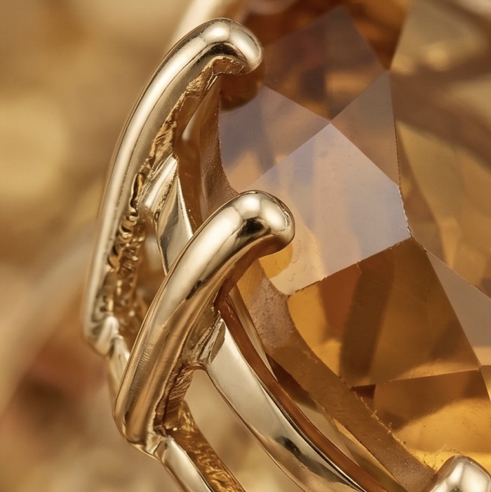 Liliana 24.5 carat Champagne Smoky Topaz .925 Sterling Silver dipped in real 18K Gold Oversized Ring size 6 - Close-up of Champagne Smoky Topaz with gold prong detail.