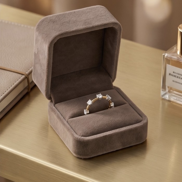 Natural 2.5 carat Topaz .925 Sterling Silver dipped in 14K Gold handmade Ring size 9 - Topaz ring in open box, front view on a gold surface.