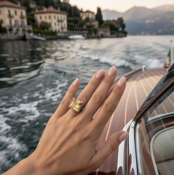 Golden Treasure 12.5 carat Brazilian Citrine Marcasite .925 Sterling Silver Handcrafted Ring size 7 - Golden Treasure ring with citrine stone worn on hand against a lake backdrop