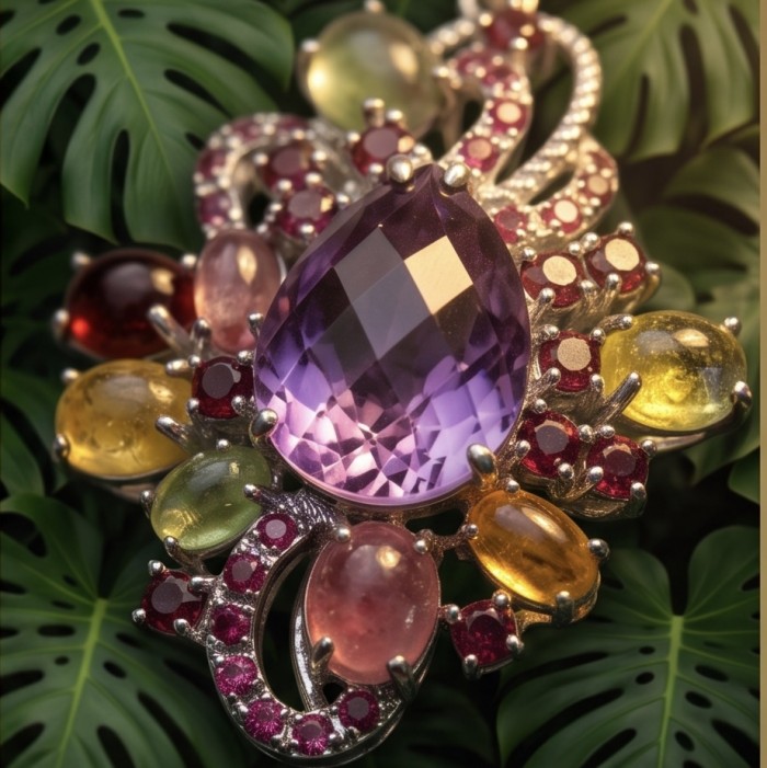 Divine Protection 25.8 carat Precious Multigem .925 Sterling Silver dipped in rhodium Pendant - Close-up of multigem Sterling pendant on leaf background