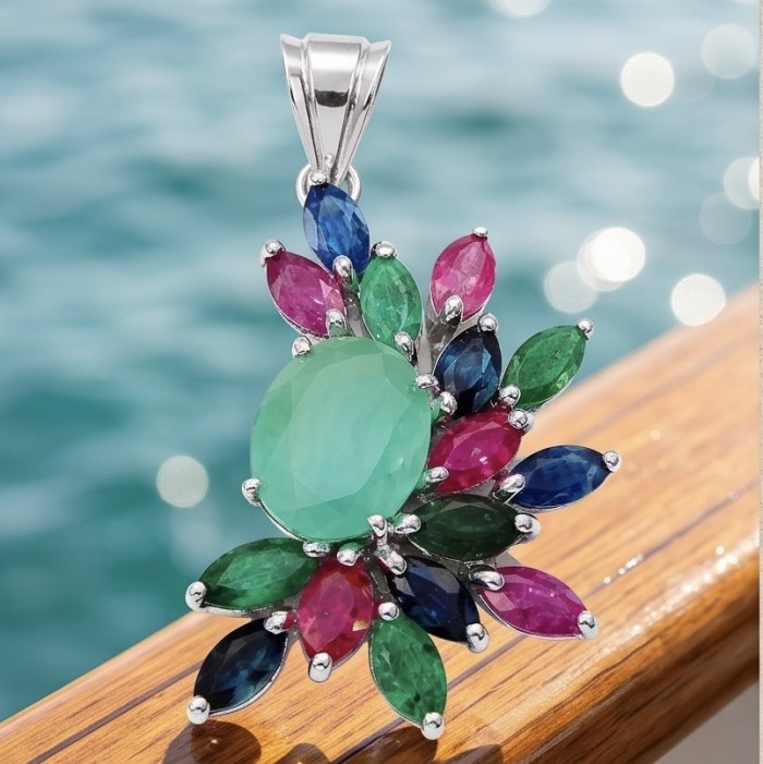 Charming Beauty 18.4 ctw Ruby Emerald Sapphire .925 Sterling Silver handcrafted Statement pendant - Colorful gemstone pendant on wood with water background, close-up view.