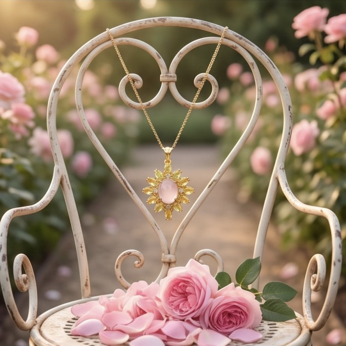 Scarlett 5.8 carat Rose Quartz 22K Gold over .925 Sterling Silver handcrafted Statement Pendant - Rose Quartz pendant on chair with pink roses, garden backdrop