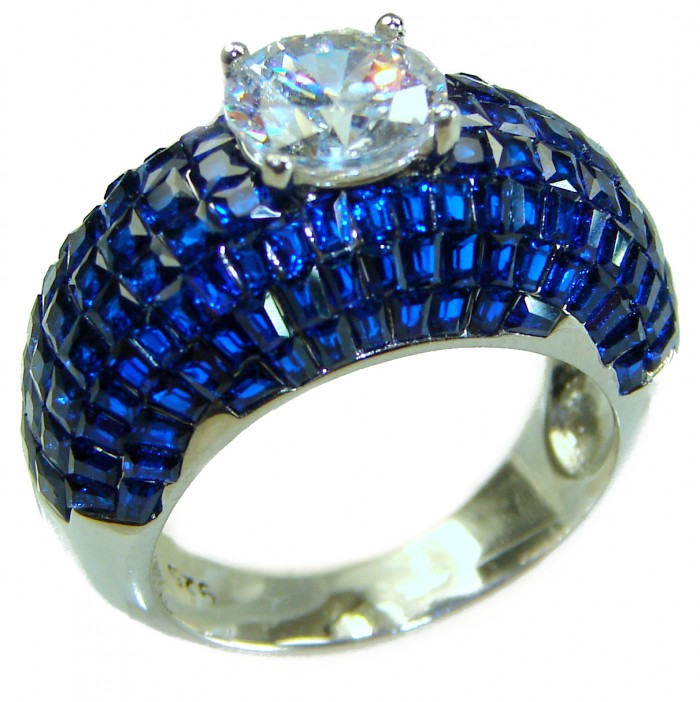 Precious Design oval cut 15.9 CARAT Sapphire White Topaz .925 Sterling Silver Statement Ring s. 8 1/4 - Ring with oval cut sapphire and topaz, top view, showcasing stones.
