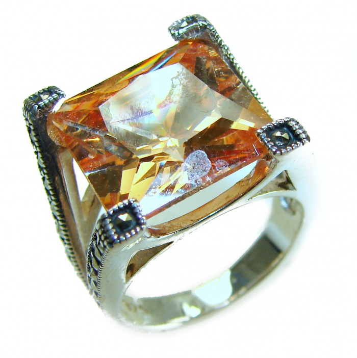 Pure Celestial energy Natural 14.4 carat Golden Topaz Marcasite .925 Sterling Silver handmade Large Statement Ring size 8 - Close-up of a 14.4 carat golden topaz ring with intricate setting detail