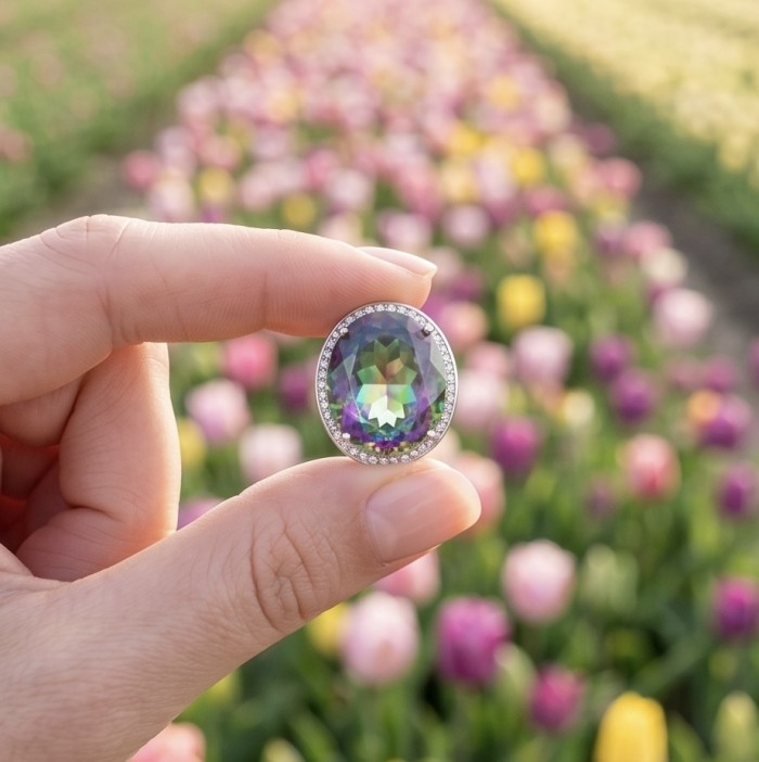 Massive 25.8 carat Mystic Topaz .925 Sterling Silver handcrafted Large ring size 7 - Close-up of 25.8 ct Mystic Topaz in .925 Sterling Silver held by hand