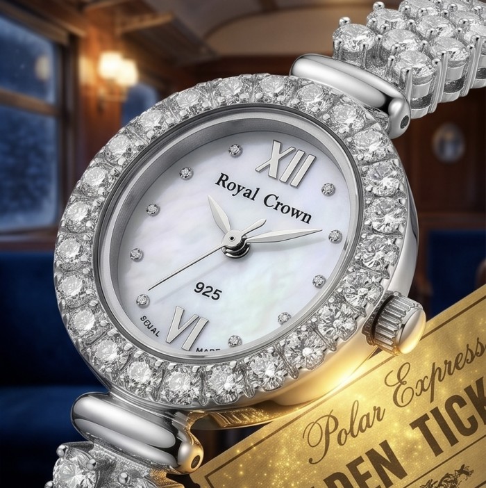 Precious 118.8 carat White Topaz .925 Sterling Silver handmade Bracelet - Watch - Close-up of Royal Crown watch with white topaz and golden ticket